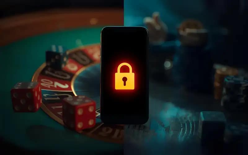 Split image of roulette wheel and dice symbolizing risk, and smartphone with padlock symbolizing security
