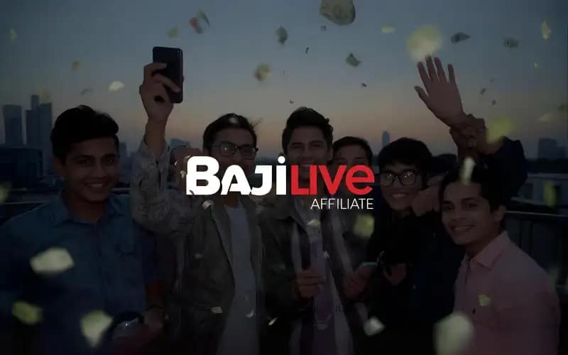 Young people celebrating with smartphone in Dhaka city with casino winning effects and text baji live affiliate