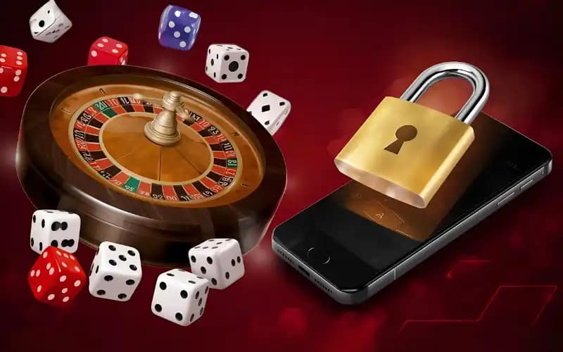 "Roulette wheel or dice mid-roll symbolizing risk, alongside a smartphone with padlock or shield symbolizing security."
