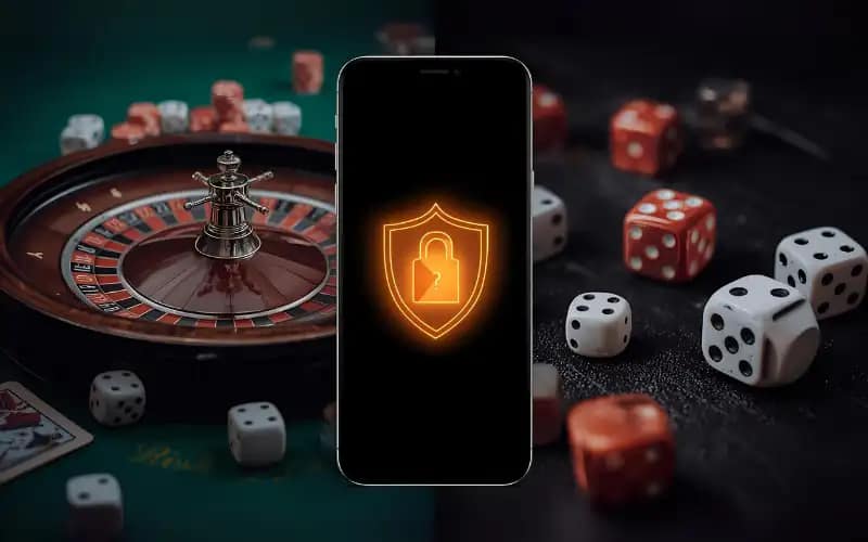 "Casino roulette wheel and dice representing risk with smartphone and padlock shield representing security"
