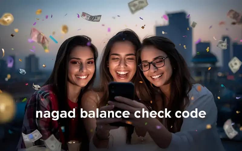 "Young people in Dhaka celebrating with smartphone and overlay text nagad balance check code"
