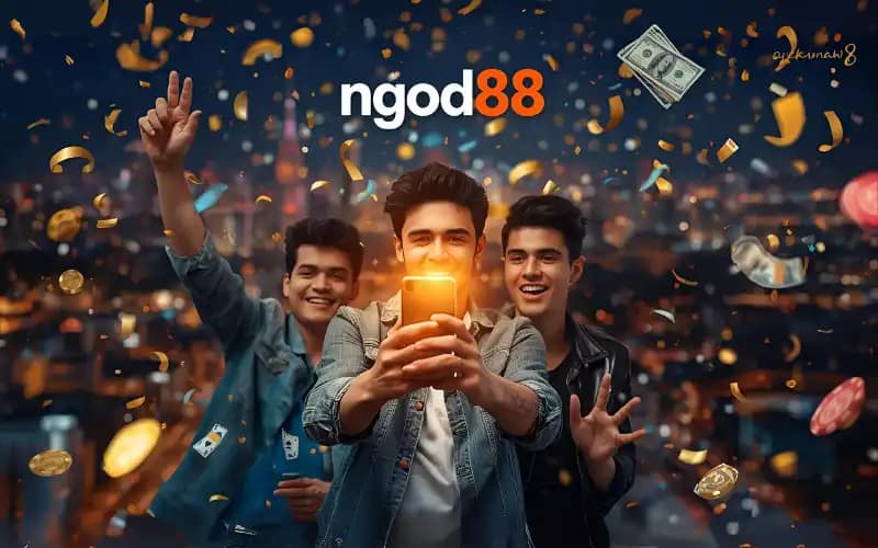 "Young people celebrating with a smartphone in front of Dhaka city background, with confetti, glowing screen, money, and casino cues. Overlay text ‘ngod88’."